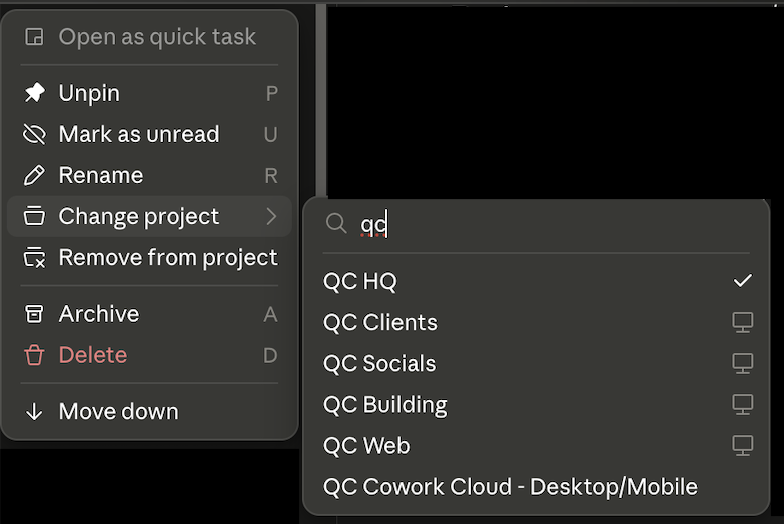 The task menu with the Change project submenu open, filtered by typing qc, showing the six QC business projects
