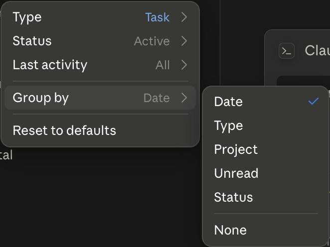 The filter panel showing Type, Status, Last activity, Group by and Reset to defaults, with the Group by submenu open