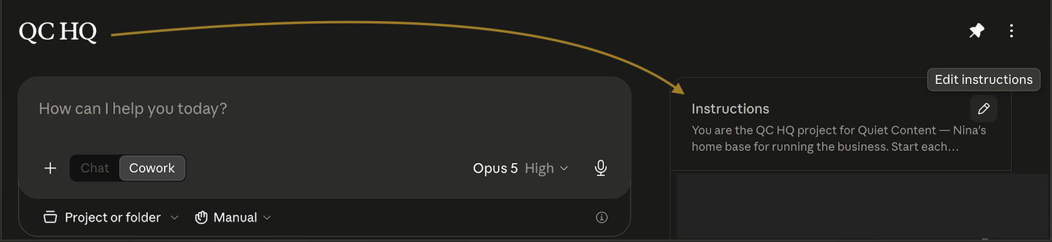 A project home screen with an arrow pointing to the pencil icon beside the Instructions panel, tooltip reading Edit instructions