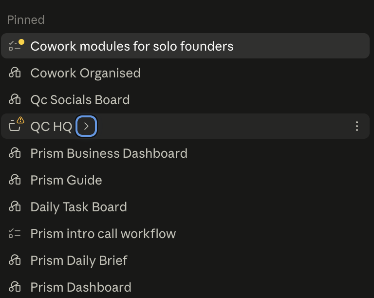 A Pinned sidebar section holding a mix of tasks, artifacts and a project
