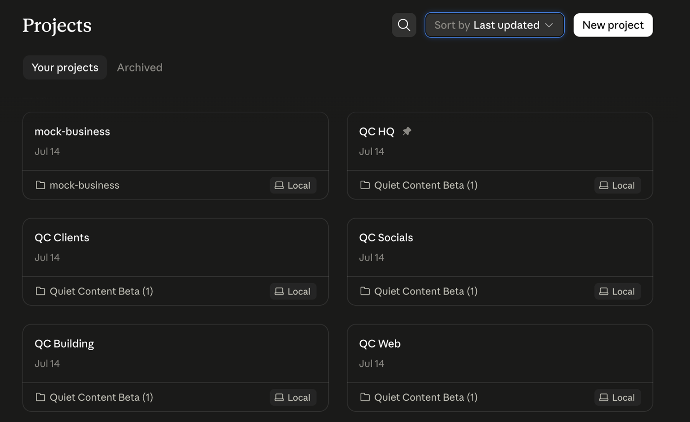 The Cowork Projects view showing six projects named after business areas