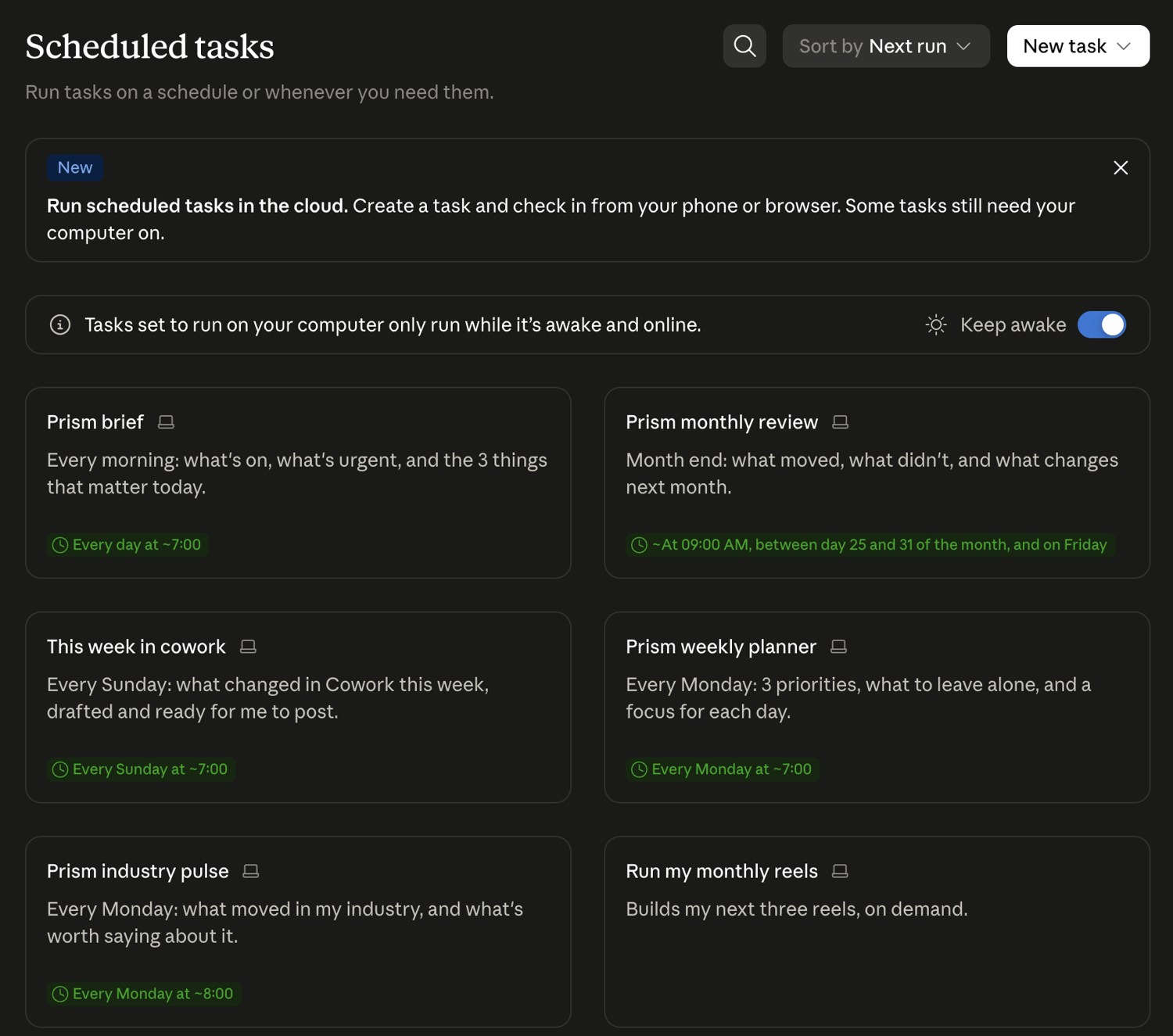 The Scheduled tasks screen showing recurring tasks with their cadences, and a Keep awake toggle
